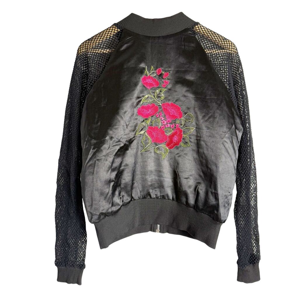 Furst of a Kind Black Satin Fishnet Floral Embroidered Bomber Jacket Size Medium